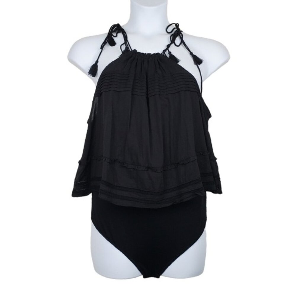 Free People Womens Sleeveless Black Trust Me Tassel Tie Bodysuit Size L NWOT